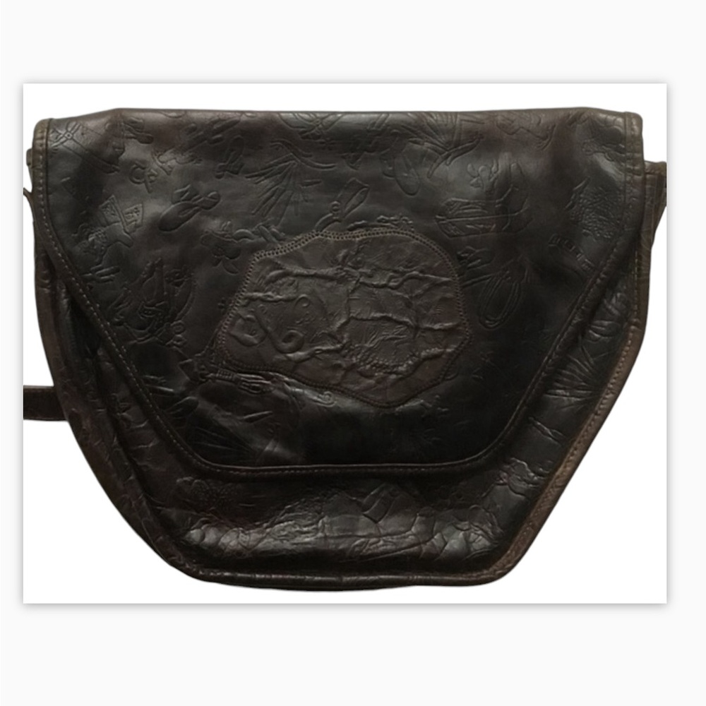 Vintage Carlos Falchi Brown Tooled Leather Western Themed Saddle Bag